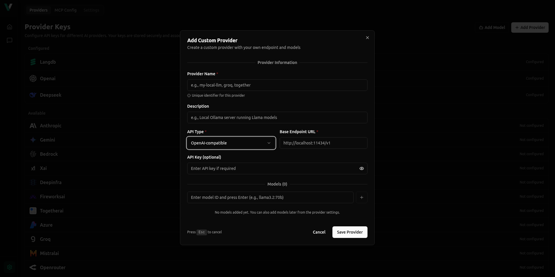 Add custom provider modal