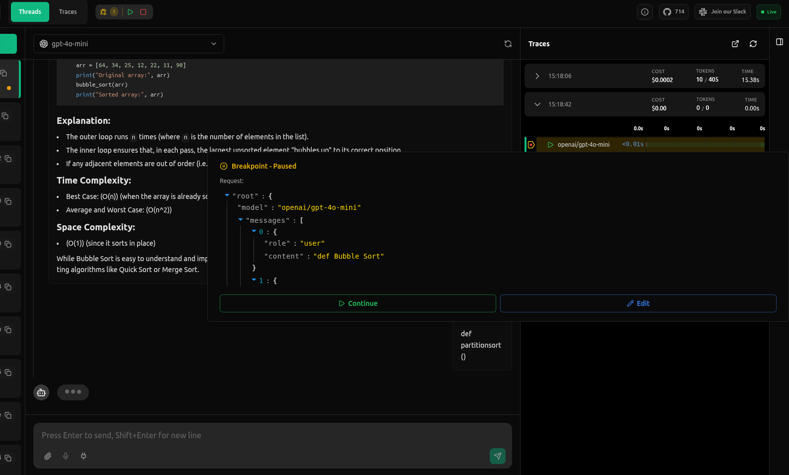 Breakpoint paused with editable request panel