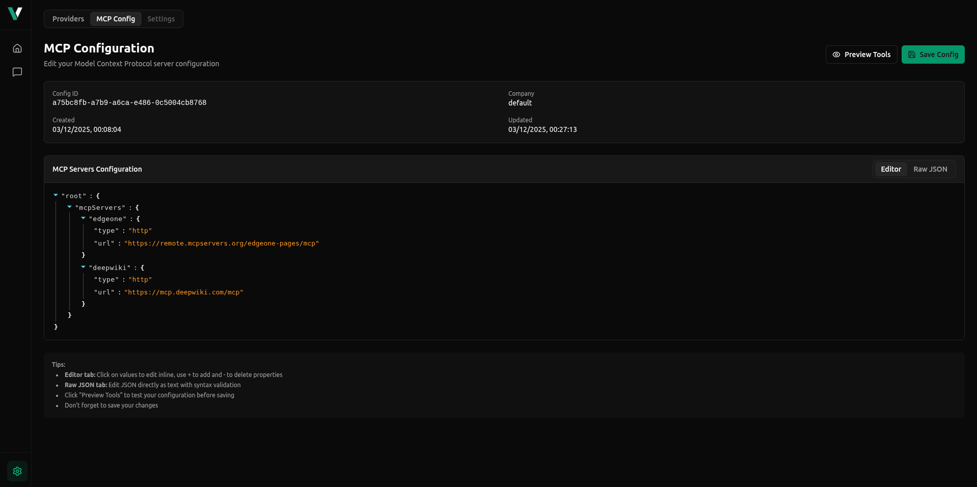 MCP Configuration in Settings